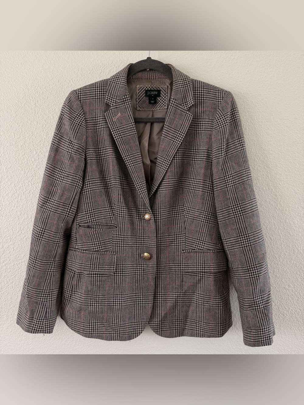 J. Crew Plaid Houndstooth Elbow Patch Wool Blazer Brown & Cream Size 8 Preppy